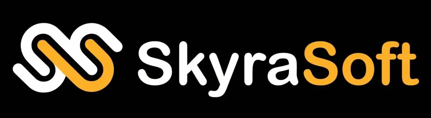 Official horizontal logo for SkyraSoft featuring a white and orange interlocking 'S' monogram beside rounded sans-serif typography on a black background.
