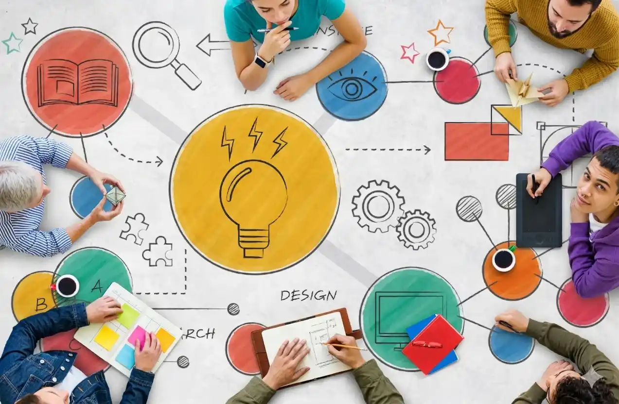 A diverse group of people collaborating around a table with a light bulb, symbolizing teamwork and innovative ideas.