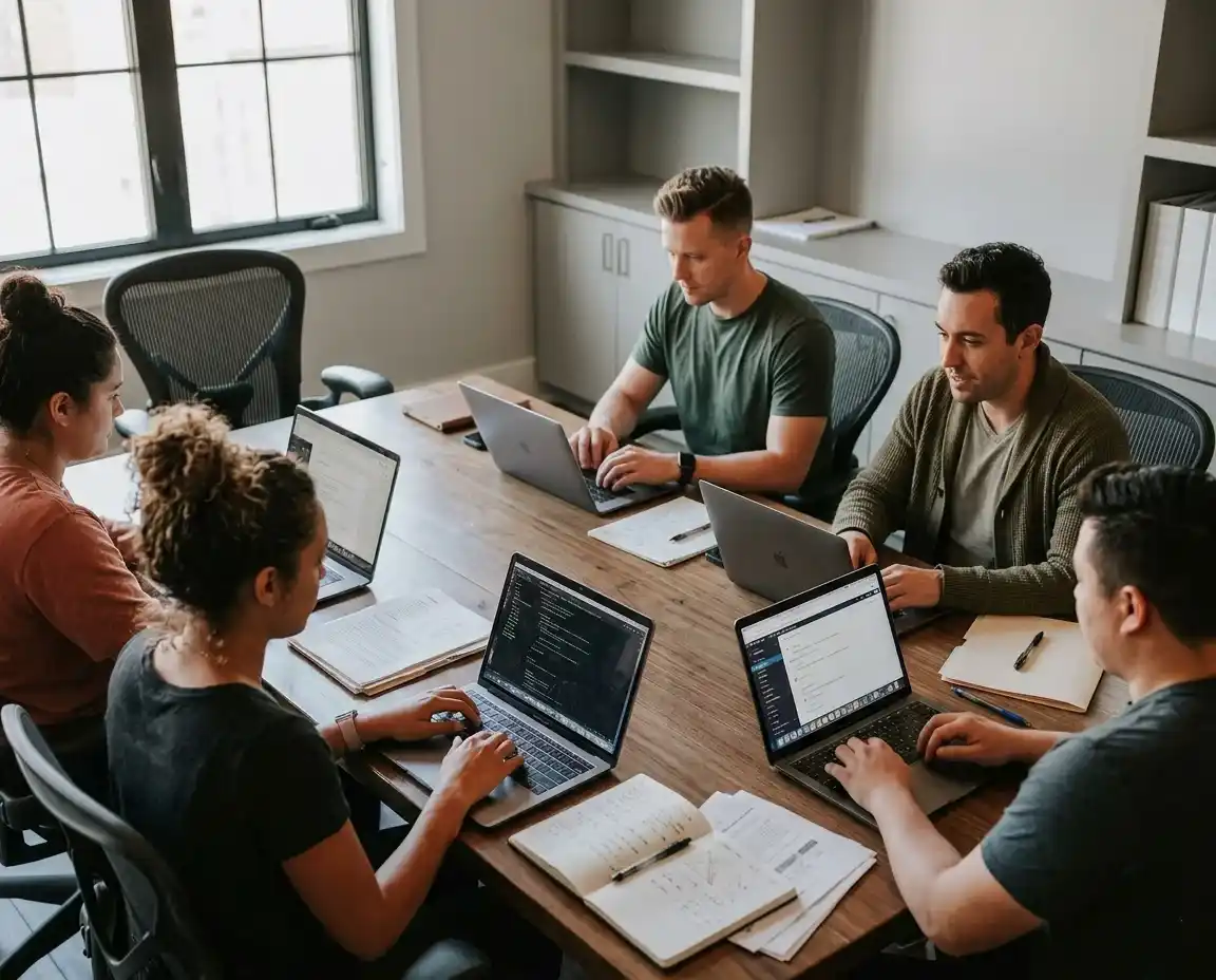 A group of professionals collaborating on laptops in a modern meeting room, engaged in discussion and teamwork.