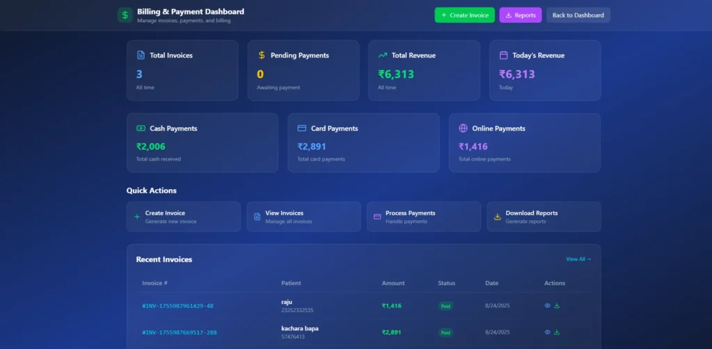 Dark-mode billing and payment dashboard for Life Clinic, featuring financial analytics for revenue, invoice tracking, and multi-channel payment processing for cash, cards, and online transactions.