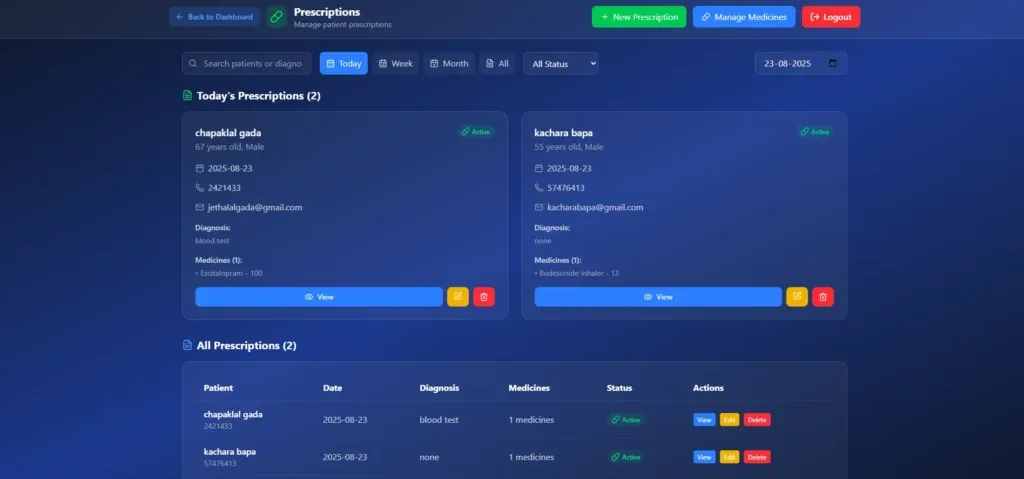 Dark-mode medical prescription dashboard for Life Clinic, featuring patient-specific medication records, diagnostic summaries, and administrative tools for managing medicine inventory.