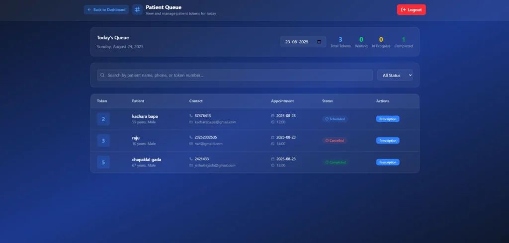 Dark-mode patient queue management dashboard for Life Clinic, featuring real-time token tracking, patient search functionality, and appointment status updates
