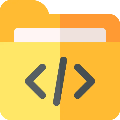 Folder icon featuring a code symbol, representing programming or software development resources.