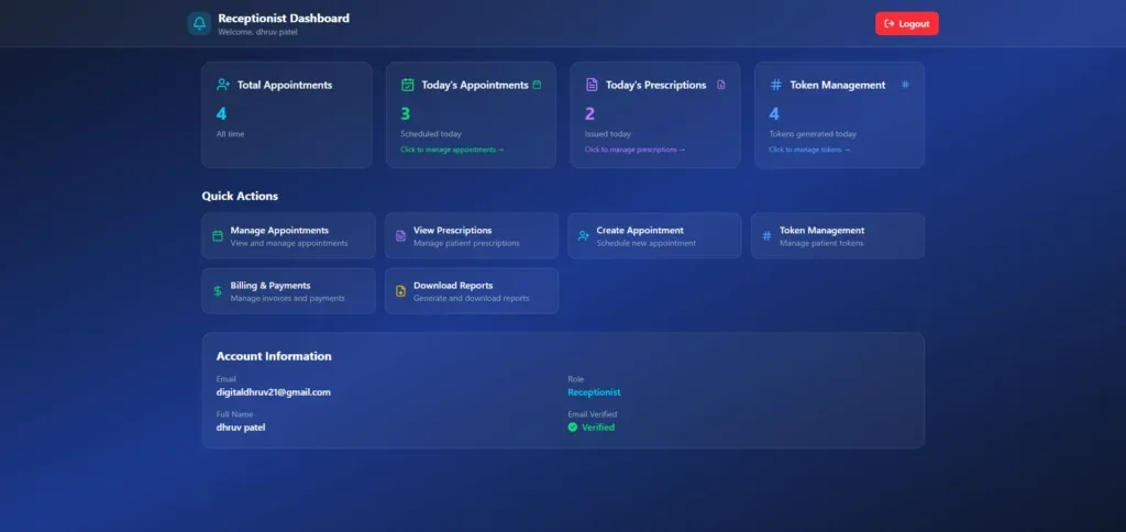 Official dark-mode receptionist dashboard for Life Clinic Management System, featuring real-time statistics for appointments, prescriptions, and token management with a quick-access action menu.