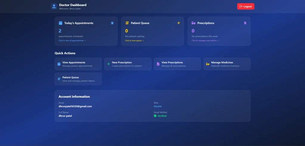 Professional dark-mode doctor dashboard for Life Clinic Management System featuring real-time patient queue tracking, appointment scheduling, and automated prescription management.
