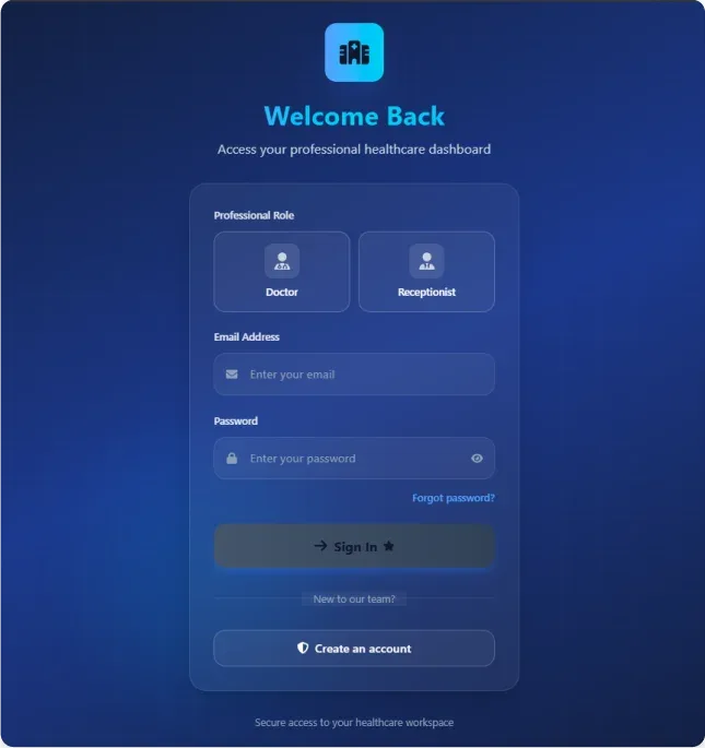Professional dark-themed login screen for a healthcare management system, featuring role-based access for doctors and receptionists with a secure user authentication portal.