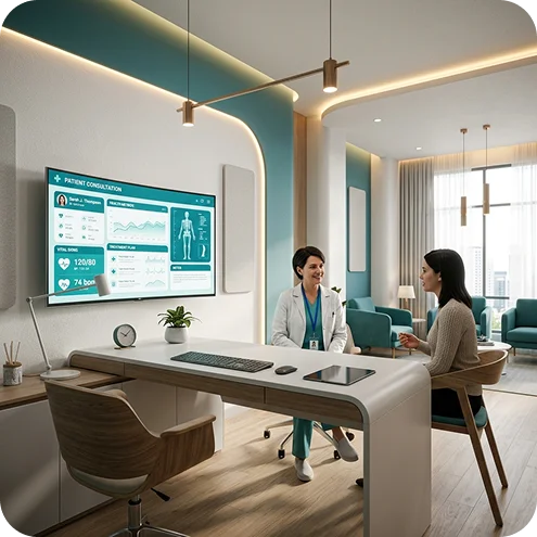 Professional healthcare consultation room featuring a doctor and patient, with a large digital wall display showing a patient management dashboard and medical analytics.