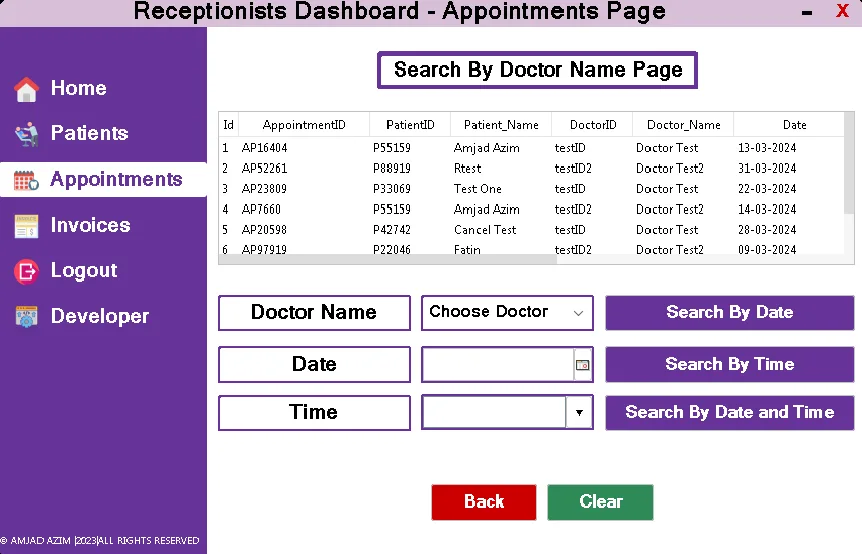 Appointment management dashboard for clinics