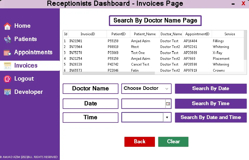 Invoice management dashboard with search options