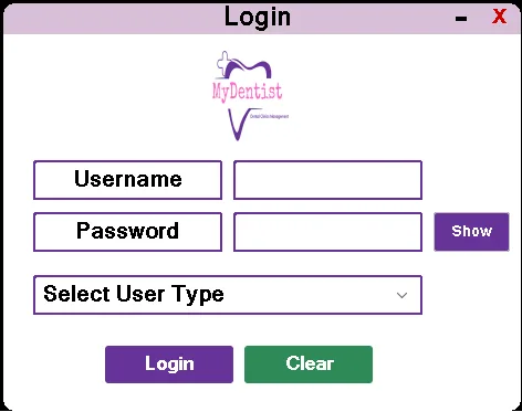 Secure multi-user login portal for MyDentist Clinic Management System, featuring custom fields for username, password, and role-based selection for administrative or clinical access