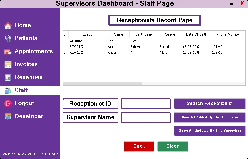 Dashboard displaying receptionist records and details.